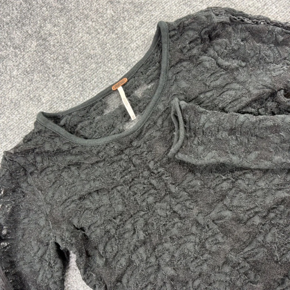 Free People Top XS Black Metallic Textured Sheer Long Sleeve Women